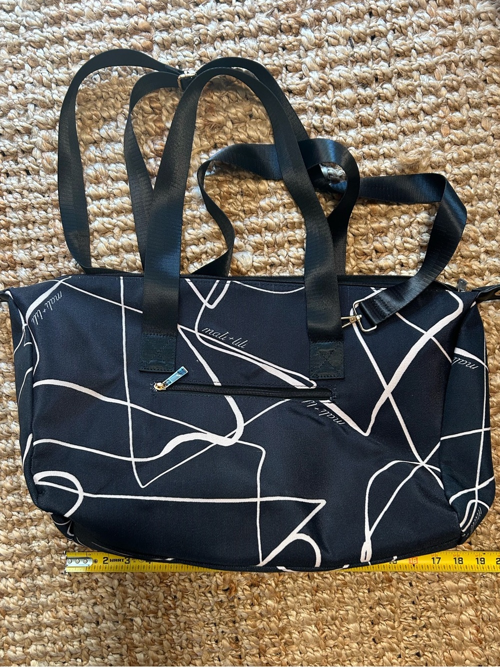 Mali + Lili Black Tote Bag with White Abstract Line Pattern